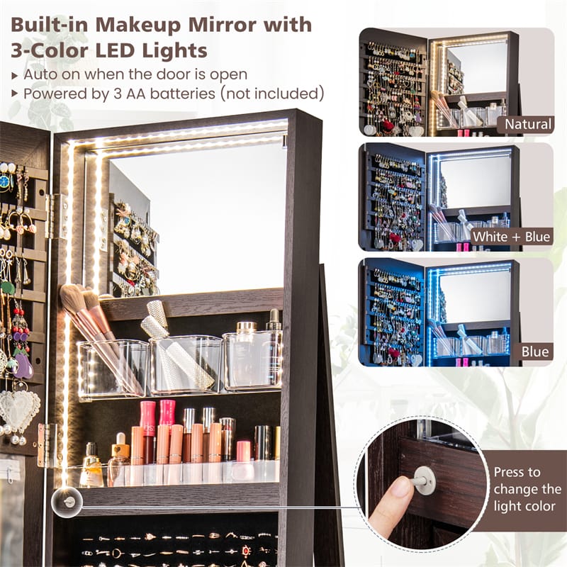 360° Swivel Jewelry Armoire with Full-Length Mirror, Lockable Jewelry Cabinet Standing Organizer w/Rear Storage Shelves 3-Color LED Lights