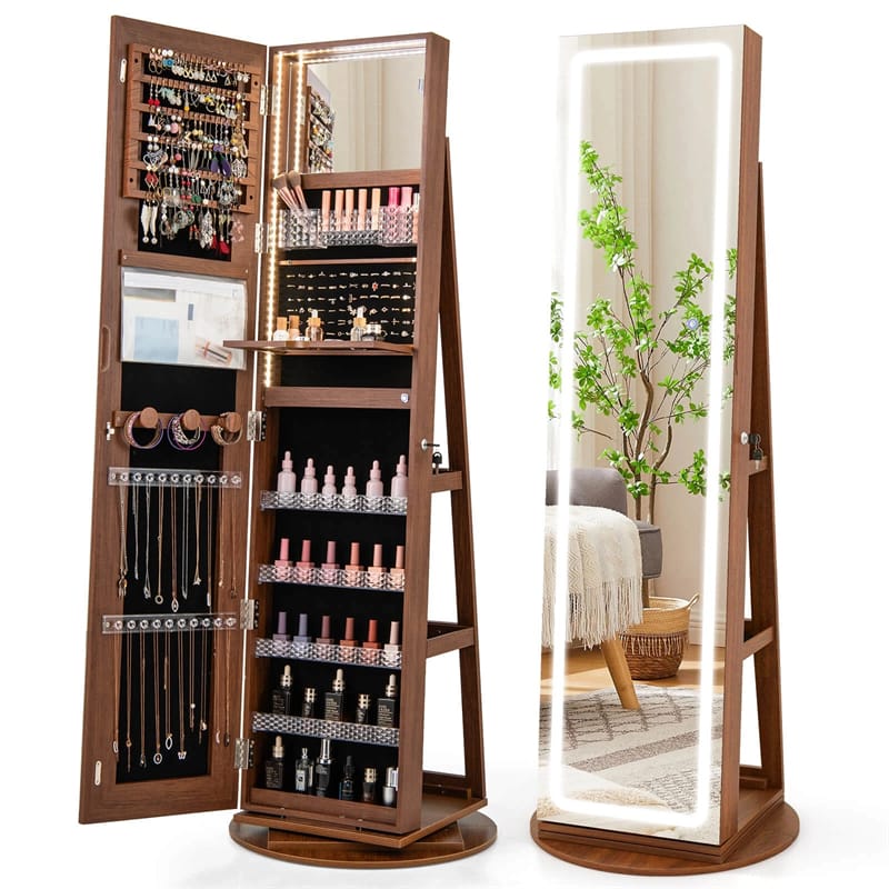 360° Swivel Jewelry Cabinet Armoire w/ Full Length Mirror 3-Color LED Lights & Rear Shelves, Lockable Standing Jewelry Storage Organizer