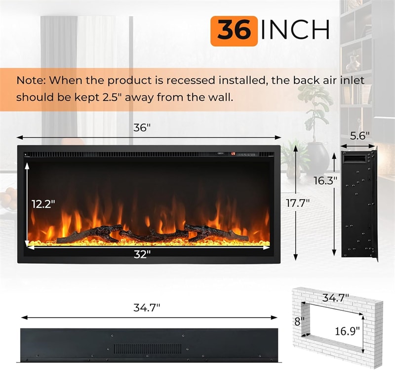 36"/42"/50" Wide Electric Fireplace Recessed/Wall Mounted/Freestanding, 750W/1500W Linear Fireplace Heater Insert with 9 Flame Color
