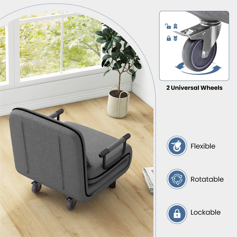 3-in-1 Convertible Sofa Bed, Folding Sleeper Chair with 5-Position Adjustable Backrest, Pillow, Hidden Legs & Wheels for Living Room Office