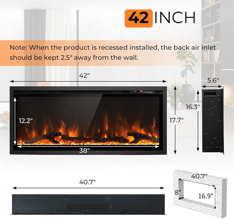 36"/42"/50" Wide Electric Fireplace Recessed/Wall Mounted/Freestanding, 750W/1500W Linear Fireplace Heater Insert with 9 Flame Color