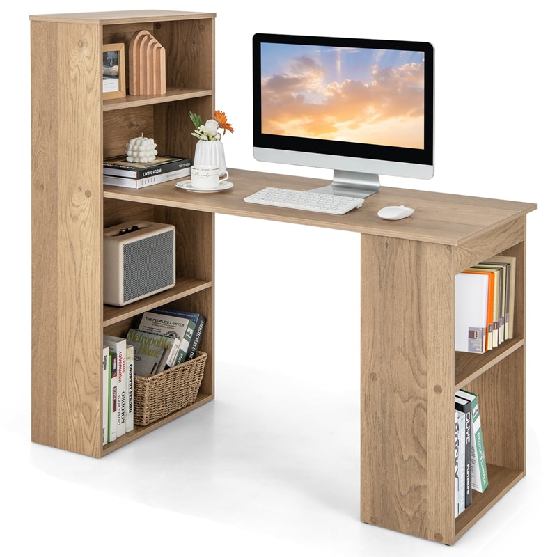 48" Computer Desk with 6-Tier Storage Shelves, 3-in-1 Reversible Writing Desk w/ Bookshelf & CPU Stand, Space-Saving Home Office Workstation