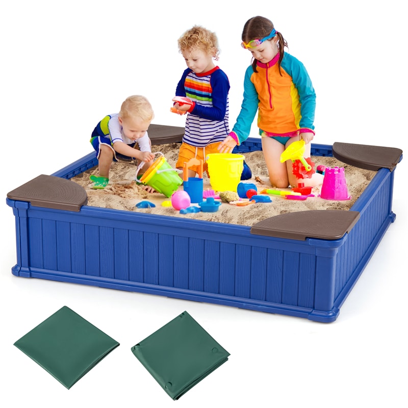 4 x 4 FT Large HDPE Kids Sandbox with Oxford Cover, 4 Corner Seats & Bottom Liner, All Weather Resistant Outdoor Sand Pit