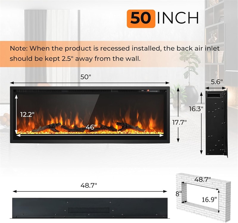 36"/42"/50" Wide Electric Fireplace Recessed/Wall Mounted/Freestanding, 750W/1500W Linear Fireplace Heater Insert with 9 Flame Color