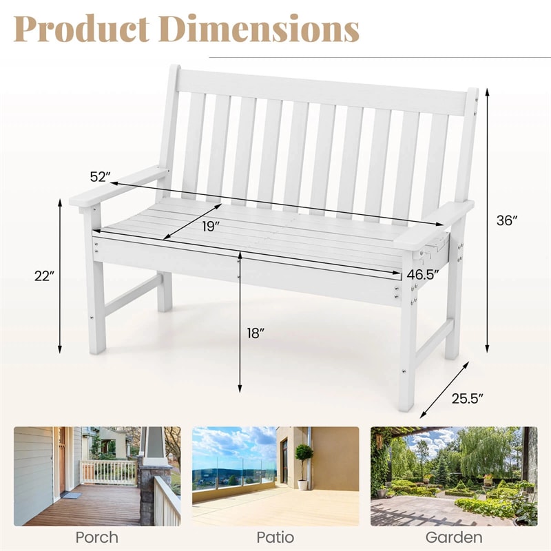 52" HDPE 2-Person Outdoor Patio Bench All-Weather Garden Park Bench Porch Loveseat Chair with Backrest & Armrests
