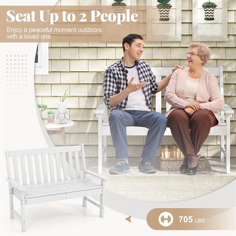 52" HDPE 2-Person Outdoor Patio Bench All-Weather Garden Park Bench Porch Loveseat Chair with Backrest & Armrests