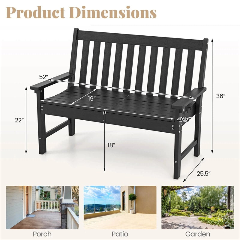 52" HDPE 2-Person Outdoor Patio Bench All-Weather Garden Park Bench Porch Loveseat Chair with Backrest & Armrests
