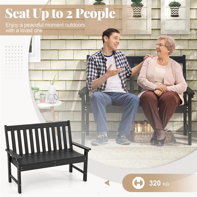52" HDPE 2-Person Outdoor Patio Bench All-Weather Garden Park Bench Porch Loveseat Chair with Backrest & Armrests