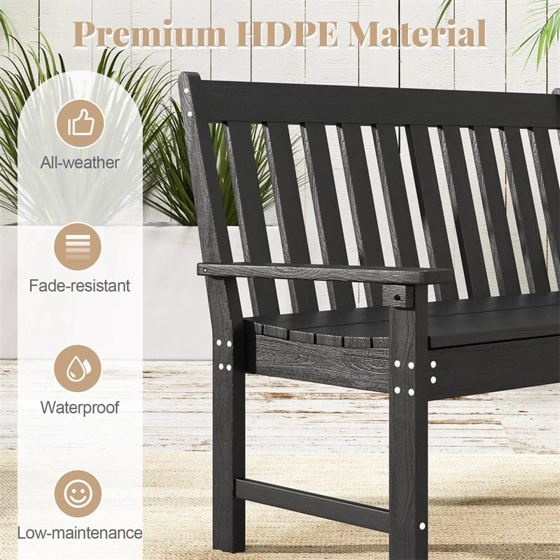 52" HDPE 2-Person Outdoor Patio Bench All-Weather Garden Park Bench Porch Loveseat Chair with Backrest & Armrests