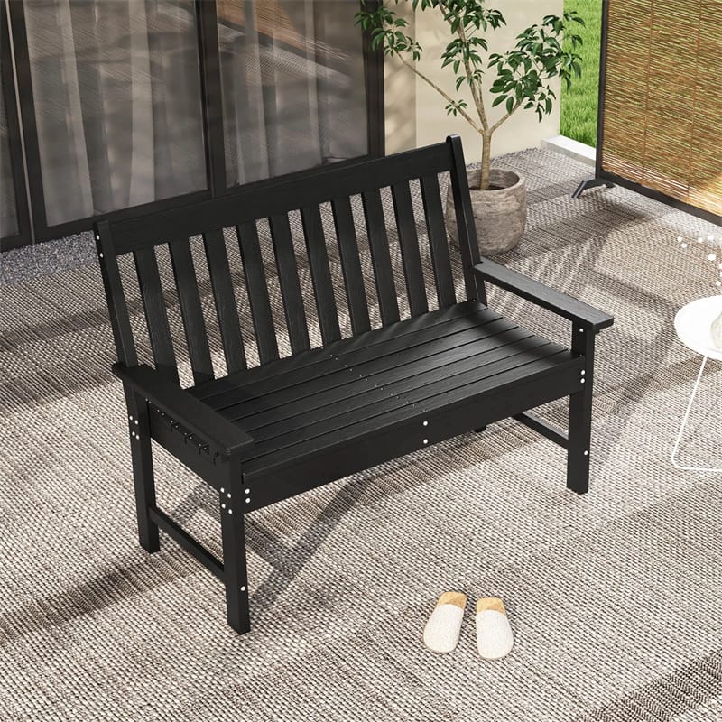 52" HDPE 2-Person Outdoor Patio Bench All-Weather Garden Park Bench Porch Loveseat Chair with Backrest & Armrests