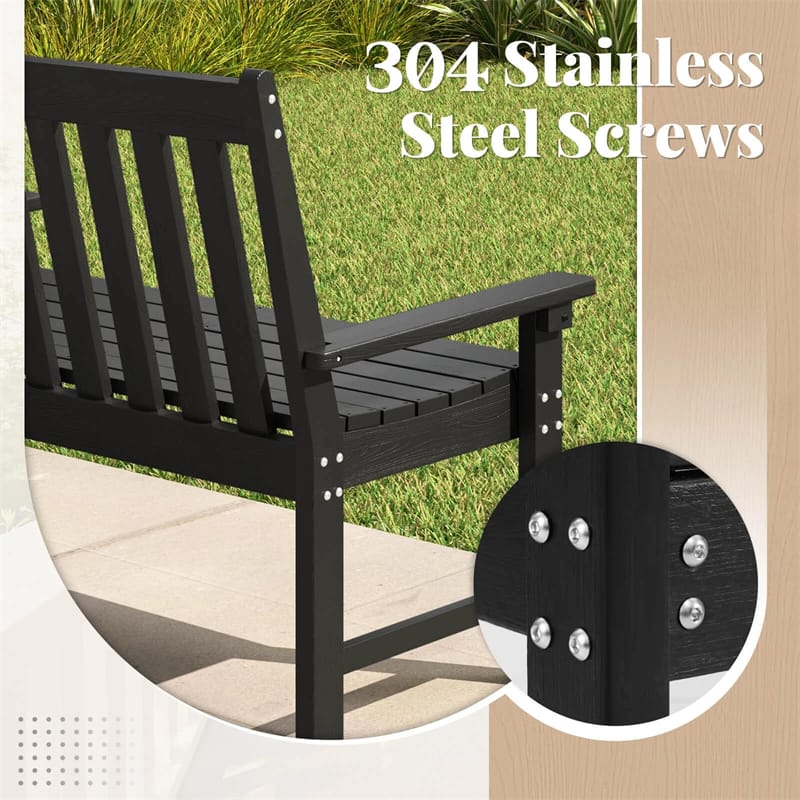 52" HDPE 2-Person Outdoor Patio Bench All-Weather Garden Park Bench Porch Loveseat Chair with Backrest & Armrests
