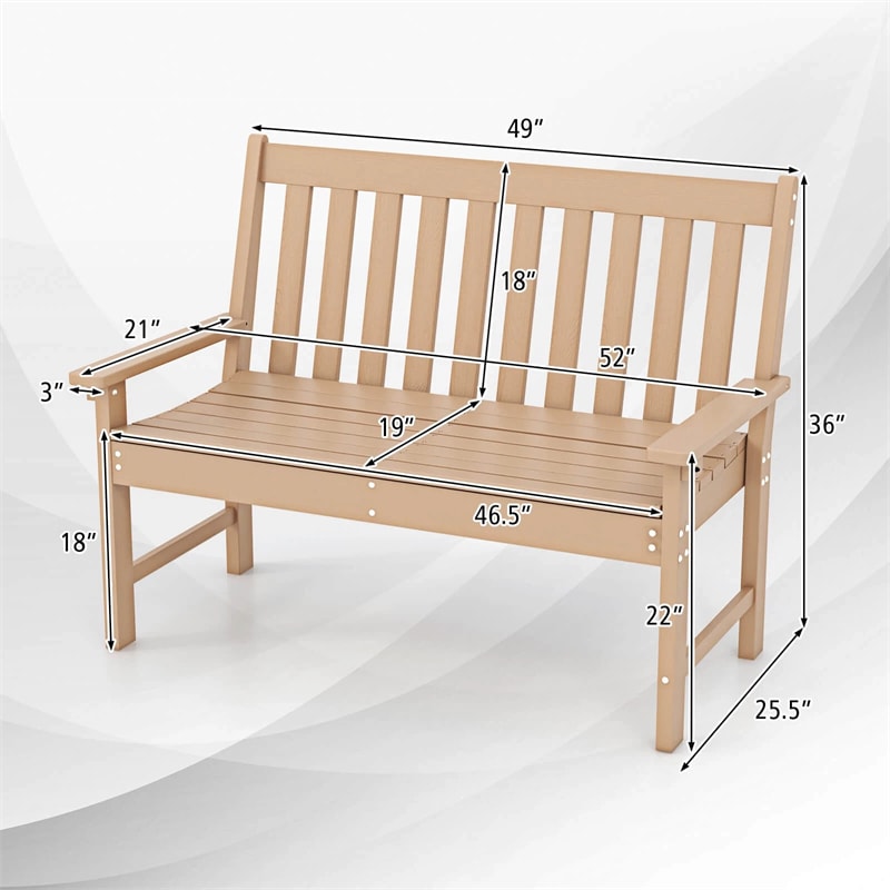 52" HDPE 2-Person Outdoor Patio Bench All-Weather Garden Park Bench Porch Loveseat Chair with Backrest & Armrests