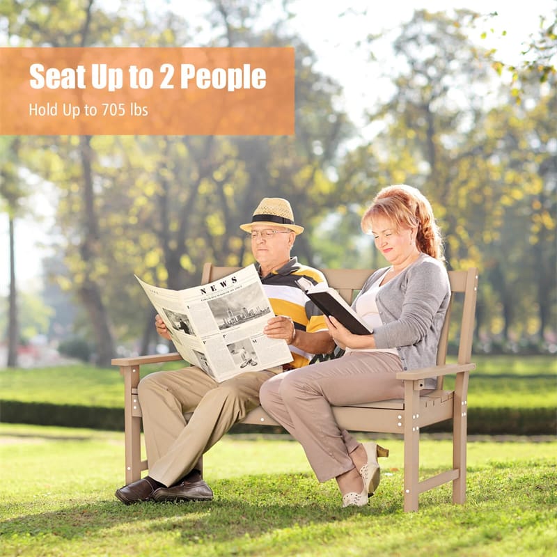 52" HDPE 2-Person Outdoor Patio Bench All-Weather Garden Park Bench Porch Loveseat Chair with Backrest & Armrests