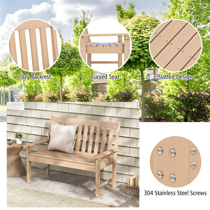 52" HDPE 2-Person Outdoor Patio Bench All-Weather Garden Park Bench Porch Loveseat Chair with Backrest & Armrests