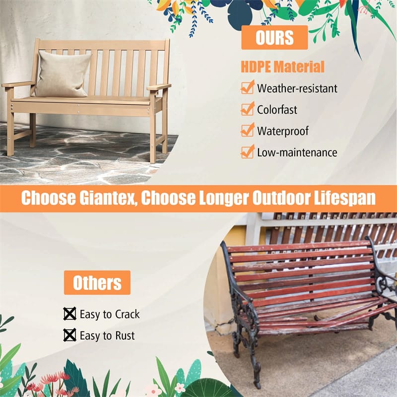 52" HDPE 2-Person Outdoor Patio Bench All-Weather Garden Park Bench Porch Loveseat Chair with Backrest & Armrests