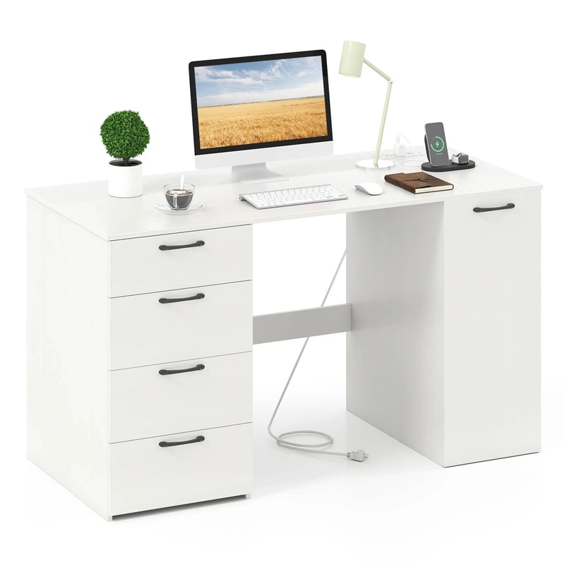 53" Computer Desk with 4 Storage Drawers & Cabinet, Home Office Desk w/ Charging Station, Adjustable Shelf & Cable Management for Study, Makeup