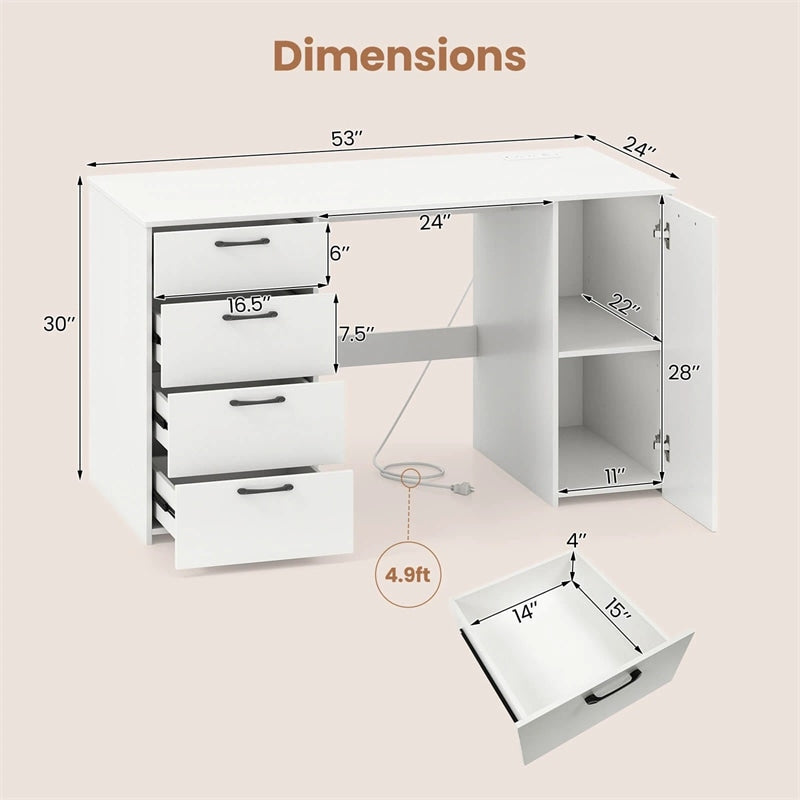 53" Computer Desk with 4 Storage Drawers & Cabinet, Home Office Desk w/ Charging Station, Adjustable Shelf & Cable Management for Study, Makeup