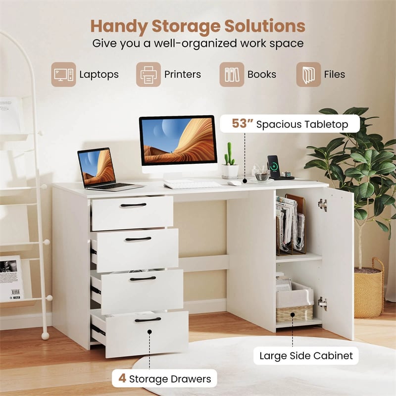53" Computer Desk with 4 Storage Drawers & Cabinet, Home Office Desk w/ Charging Station, Adjustable Shelf & Cable Management for Study, Makeup