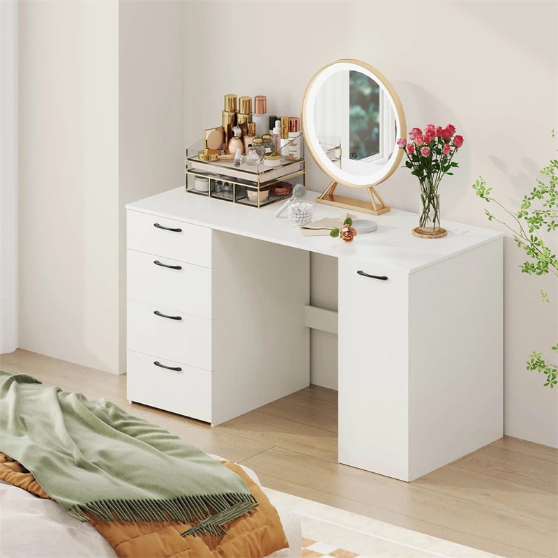 53" Computer Desk with 4 Storage Drawers & Cabinet, Home Office Desk w/ Charging Station, Adjustable Shelf & Cable Management for Study, Makeup