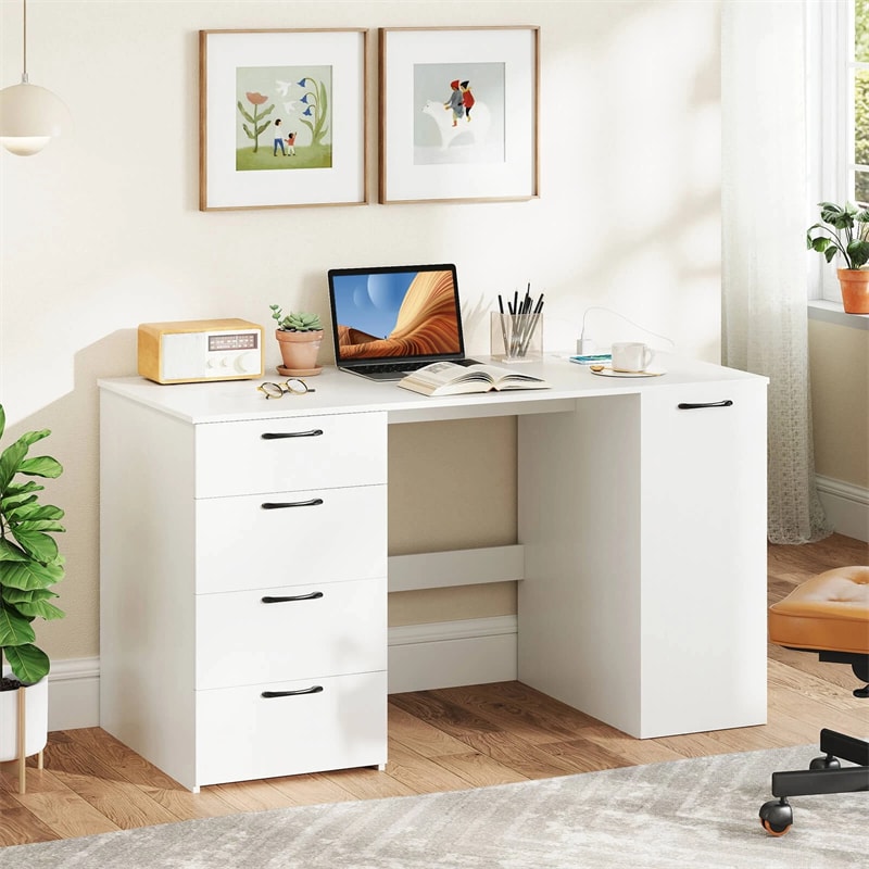 53" Computer Desk with 4 Storage Drawers & Cabinet, Home Office Desk w/ Charging Station, Adjustable Shelf & Cable Management for Study, Makeup