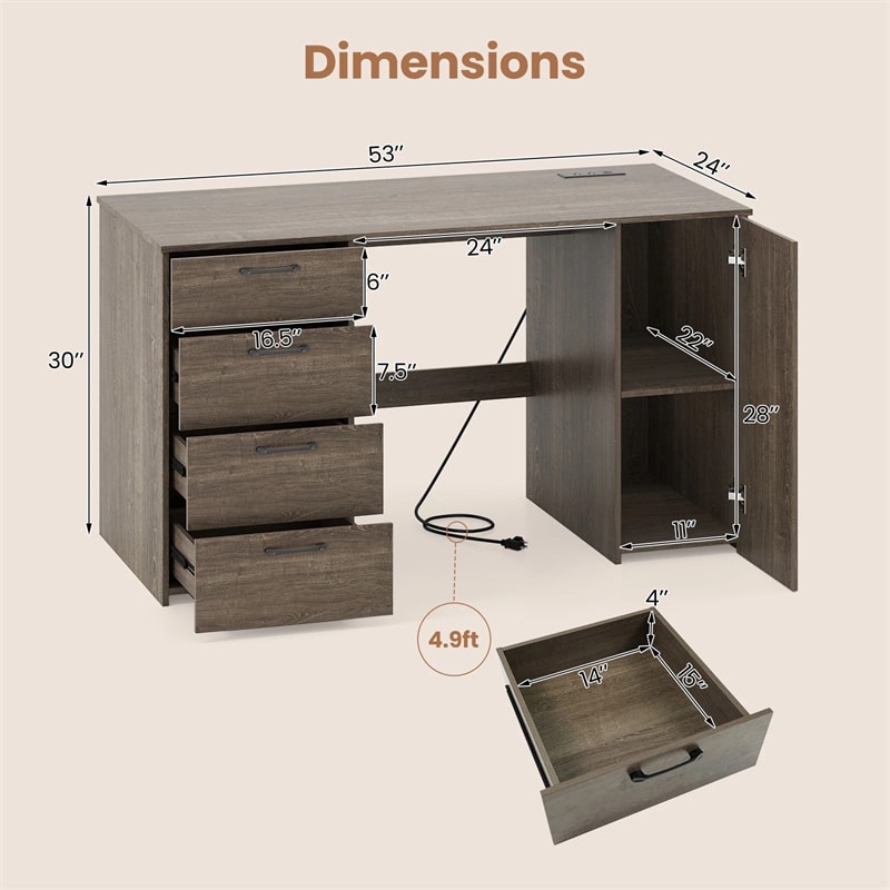 53" Computer Desk with 4 Storage Drawers & Cabinet, Home Office Desk w/ Charging Station, Adjustable Shelf & Cable Management for Study, Makeup