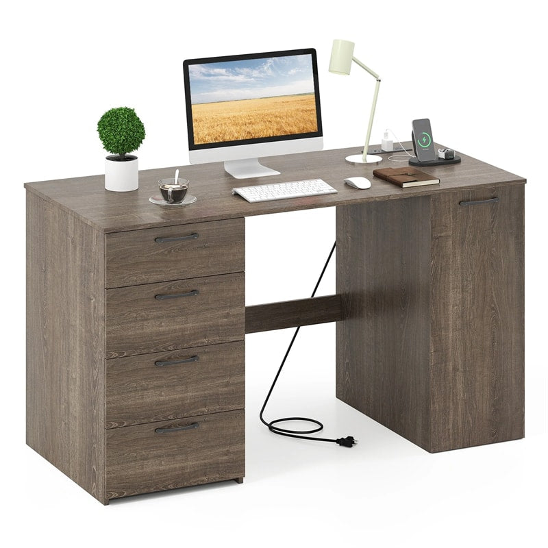 53" Computer Desk with 4 Storage Drawers & Cabinet, Home Office Desk w/ Charging Station, Adjustable Shelf & Cable Management for Study, Makeup