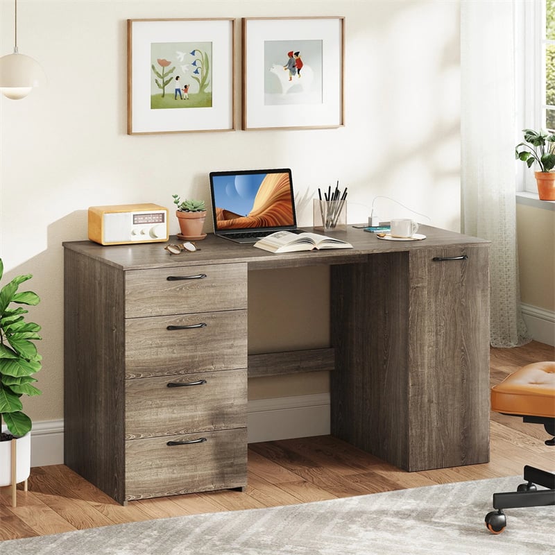 53" Computer Desk with 4 Storage Drawers & Cabinet, Home Office Desk w/ Charging Station, Adjustable Shelf & Cable Management for Study, Makeup