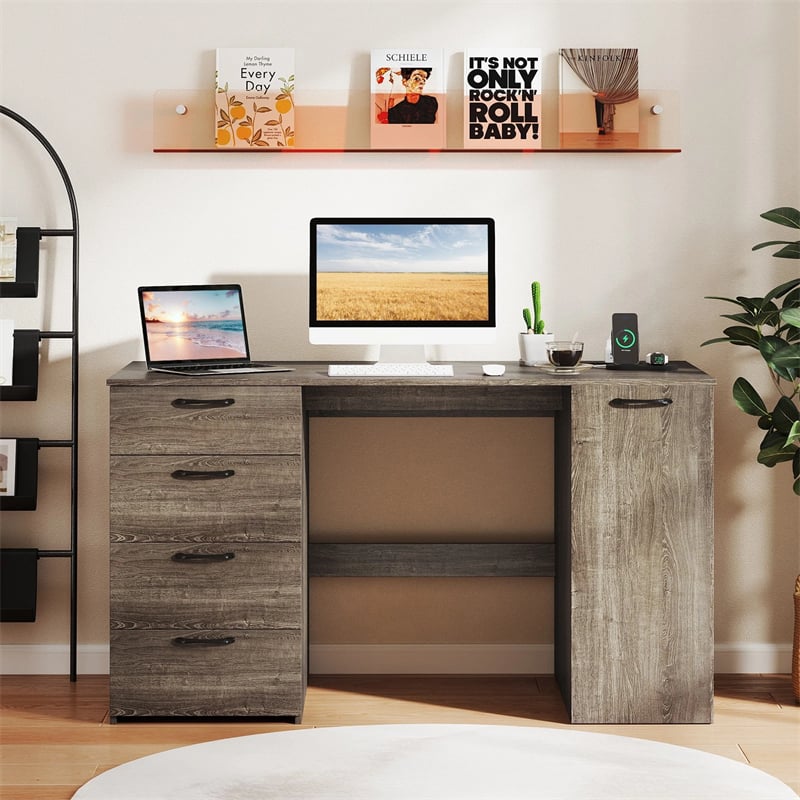 53" Computer Desk with 4 Storage Drawers & Cabinet, Home Office Desk w/ Charging Station, Adjustable Shelf & Cable Management for Study, Makeup