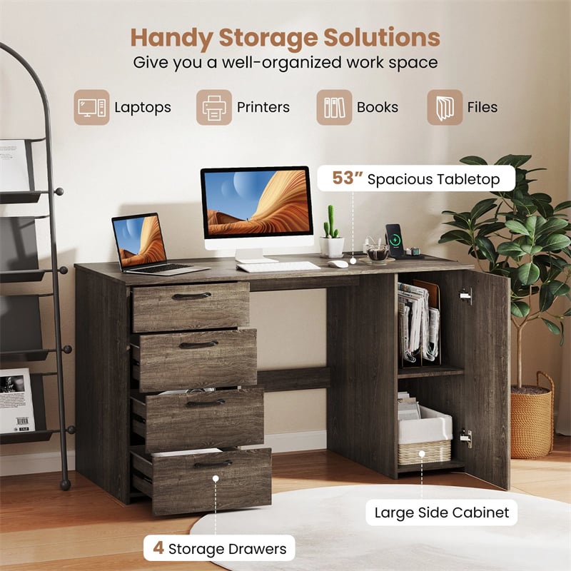 53" Computer Desk with 4 Storage Drawers & Cabinet, Home Office Desk w/ Charging Station, Adjustable Shelf & Cable Management for Study, Makeup