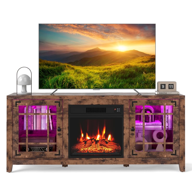58" Electric Fireplace TV Stand Entertainment Center for 65 inch TV with 18" Heater, Thermostat, Remote, LED Lights & Adjustable Shelves