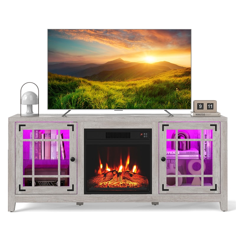 58" Electric Fireplace TV Stand Entertainment Center for 65 inch TV with 18" Heater, Thermostat, Remote, LED Lights & Adjustable Shelves