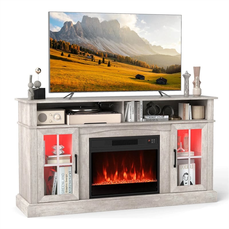 58" Electric Fireplace TV Stand for 65" TVs, Entertainment Center with 28" Fireplace Heater Insert, LED Lights, Remote Control & Storage