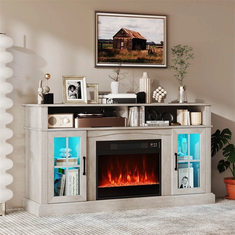 58" Electric Fireplace TV Stand for 65" TVs, Entertainment Center with 28" Fireplace Heater Insert, LED Lights, Remote Control & Storage