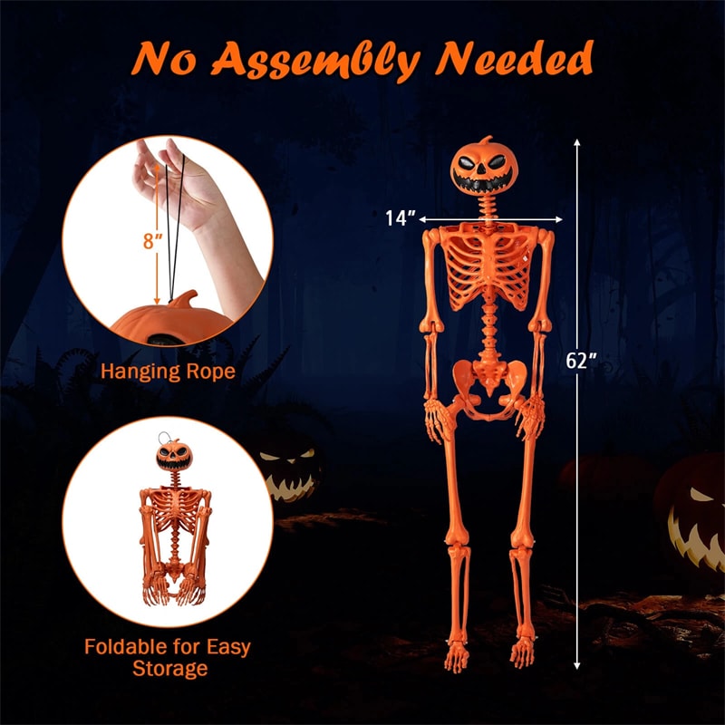 5.2 FT Orange Pumpkin Head Skeleton, Life-Size Poseable Halloween Skeleton Decor with 7 Moving Joints for Outdoor Yard, Haunted House, Indoor Party