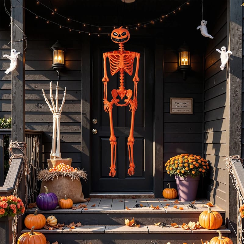 5.2 FT Orange Pumpkin Head Skeleton, Life-Size Poseable Halloween Skeleton Decor with 7 Moving Joints for Outdoor Yard, Haunted House, Indoor Party