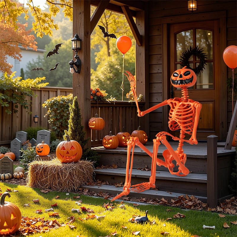 5.2 FT Orange Pumpkin Head Skeleton, Life-Size Poseable Halloween Skeleton Decor with 7 Moving Joints for Outdoor Yard, Haunted House, Indoor Party