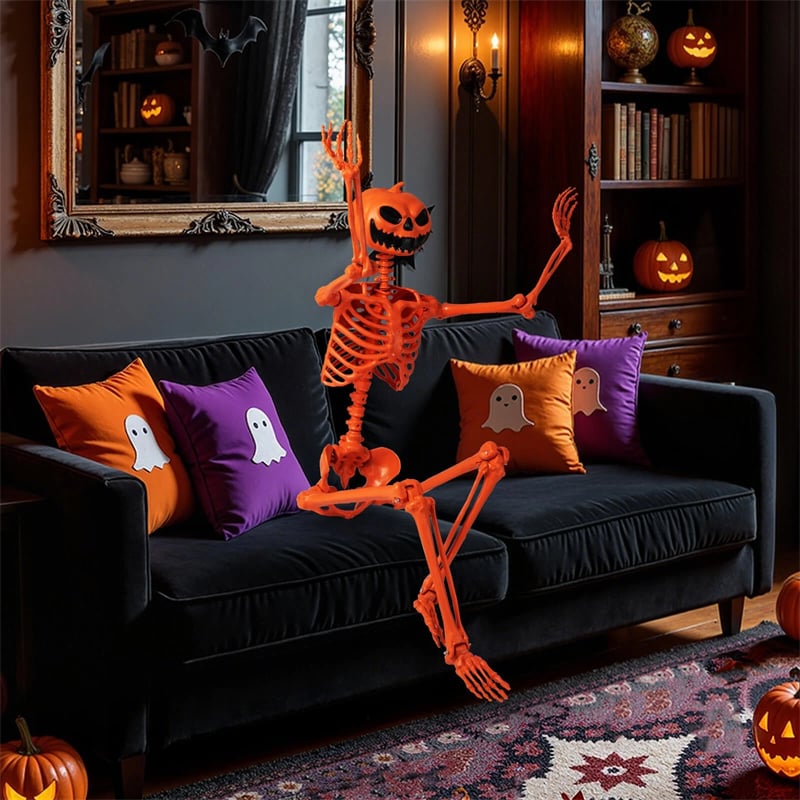 5.2 FT Orange Pumpkin Head Skeleton, Life-Size Poseable Halloween Skeleton Decor with 7 Moving Joints for Outdoor Yard, Haunted House, Indoor Party