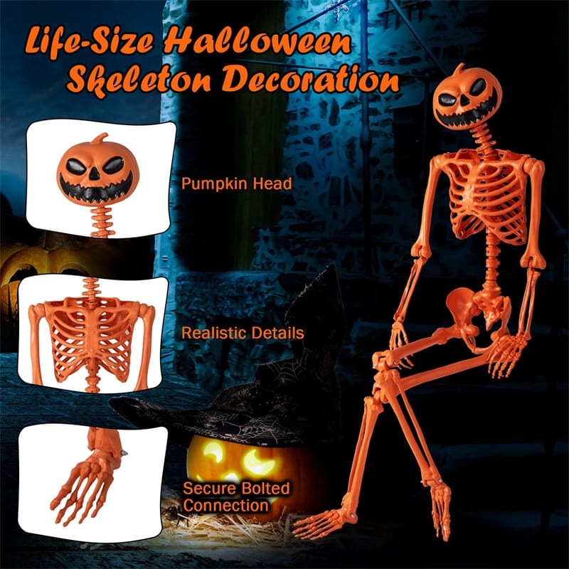5.2 FT Orange Pumpkin Head Skeleton, Life-Size Poseable Halloween Skeleton Decor with 7 Moving Joints for Outdoor Yard, Haunted House, Indoor Party