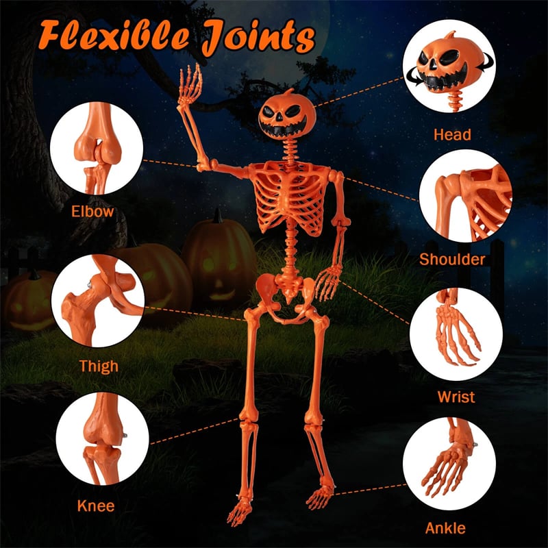5.2 FT Orange Pumpkin Head Skeleton, Life-Size Poseable Halloween Skeleton Decor with 7 Moving Joints for Outdoor Yard, Haunted House, Indoor Party
