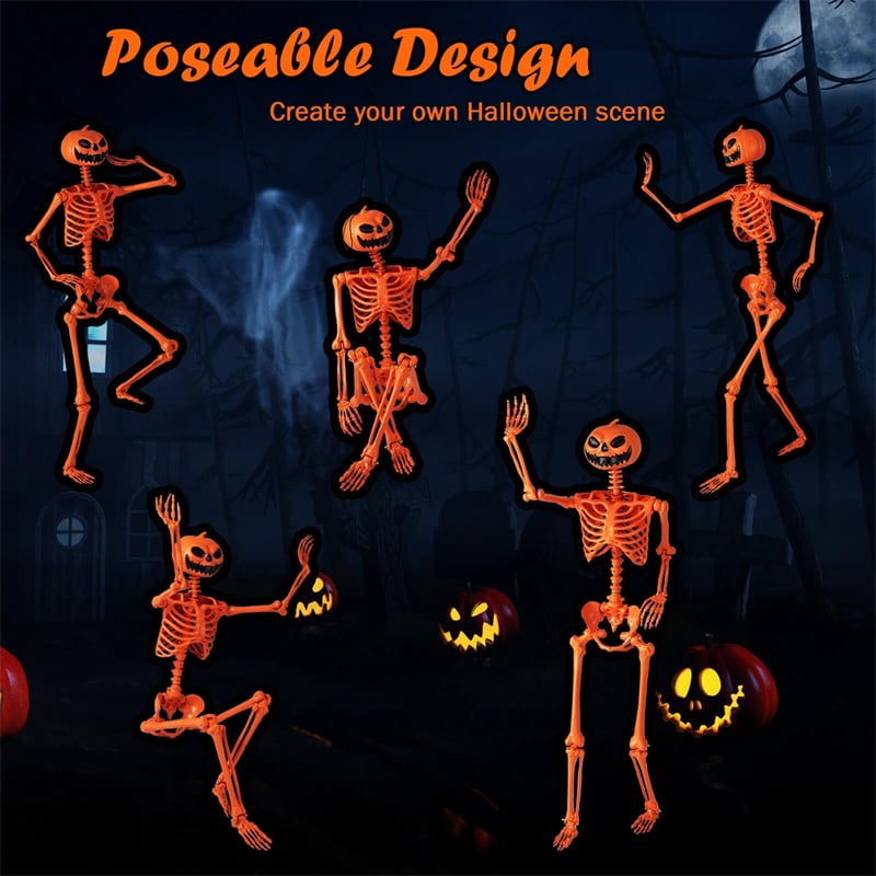 5.2 FT Orange Pumpkin Head Skeleton, Life-Size Poseable Halloween Skeleton Decor with 7 Moving Joints for Outdoor Yard, Haunted House, Indoor Party