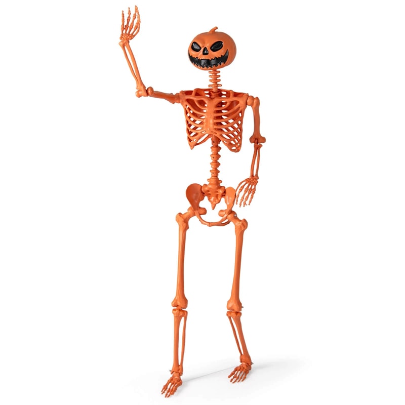 5.2 FT Orange Pumpkin Head Skeleton, Life-Size Poseable Halloween Skeleton Decor with 7 Moving Joints for Outdoor Yard, Haunted House, Indoor Party