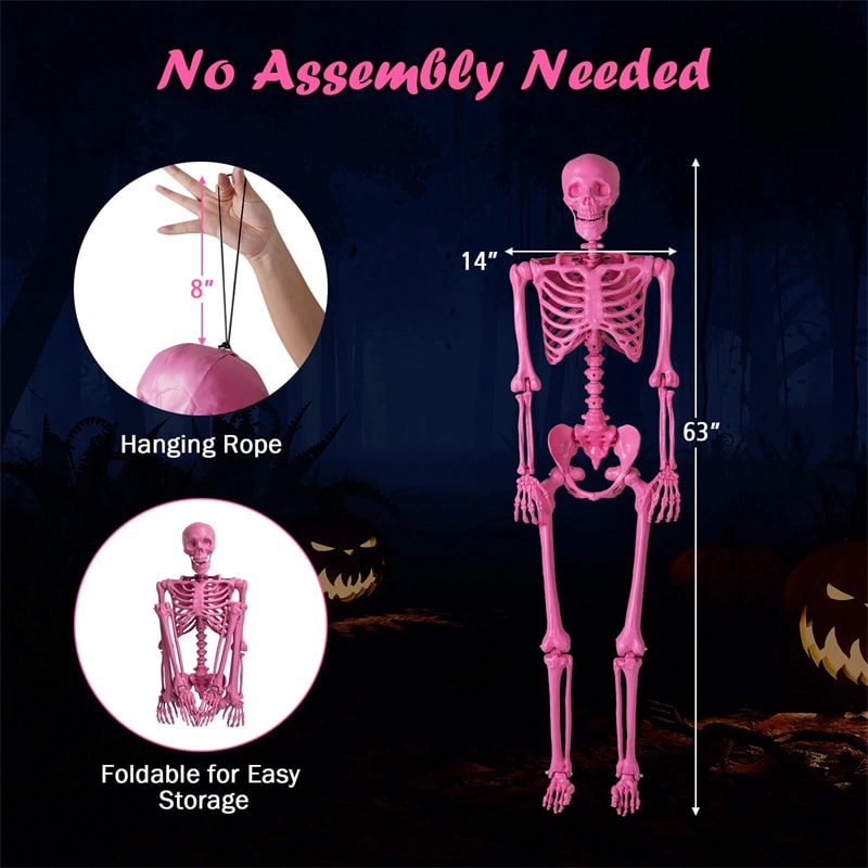 5.5 FT Pink Halloween Skeleton, Life-Size Poseable Skeleton Decor with Movable Joints for Graveyard Prop, Haunted House, Indoor & Outdoor Use