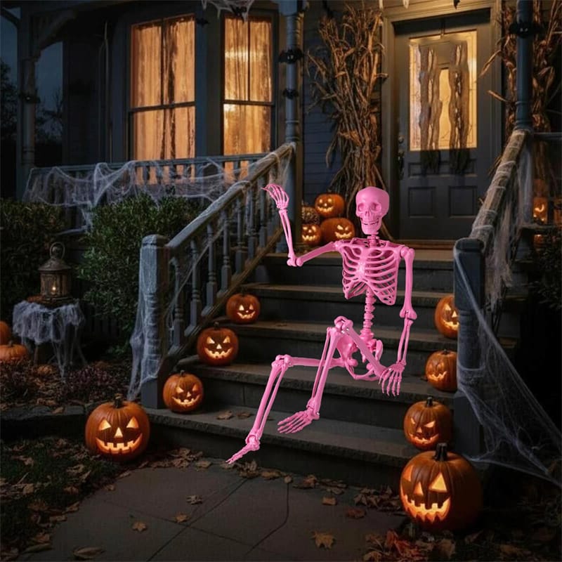 5.5 FT Pink Halloween Skeleton, Life-Size Poseable Skeleton Decor with Movable Joints for Graveyard Prop, Haunted House, Indoor & Outdoor Use