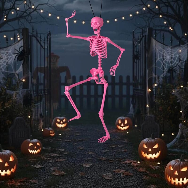 5.5 FT Pink Halloween Skeleton, Life-Size Poseable Skeleton Decor with Movable Joints for Graveyard Prop, Haunted House, Indoor & Outdoor Use