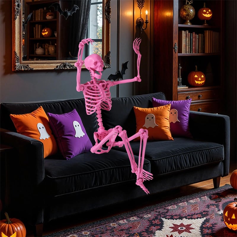 5.5 FT Pink Halloween Skeleton, Life-Size Poseable Skeleton Decor with Movable Joints for Graveyard Prop, Haunted House, Indoor & Outdoor Use