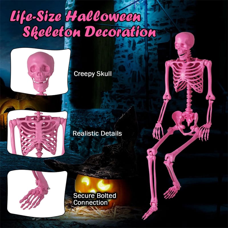 5.5 FT Pink Halloween Skeleton, Life-Size Poseable Skeleton Decor with Movable Joints for Graveyard Prop, Haunted House, Indoor & Outdoor Use
