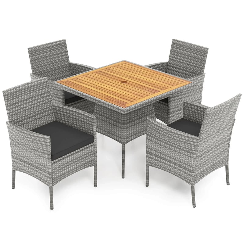 5 Piece PE Wicker Patio Dining Set with Cushions & Umbrella Hole, Outdoor Acacia Wood Dining Table & Armchairs for Backyard Garden Porch