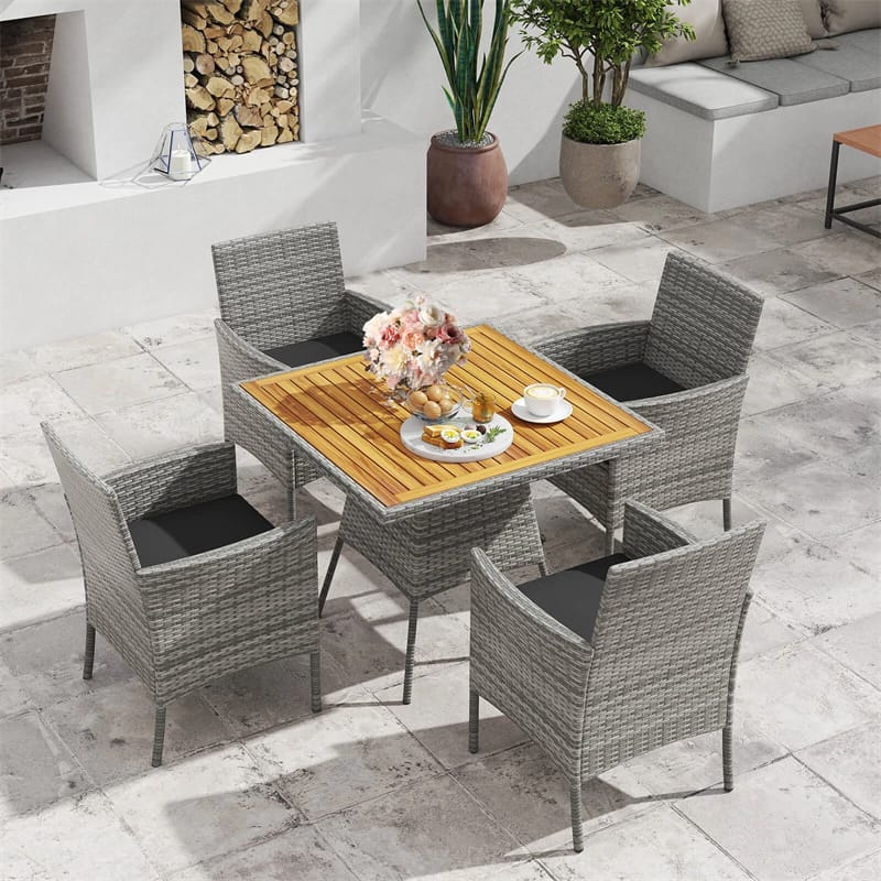 5 Piece PE Wicker Patio Dining Set with Cushions & Umbrella Hole, Outdoor Acacia Wood Dining Table & Armchairs for Backyard Garden Porch