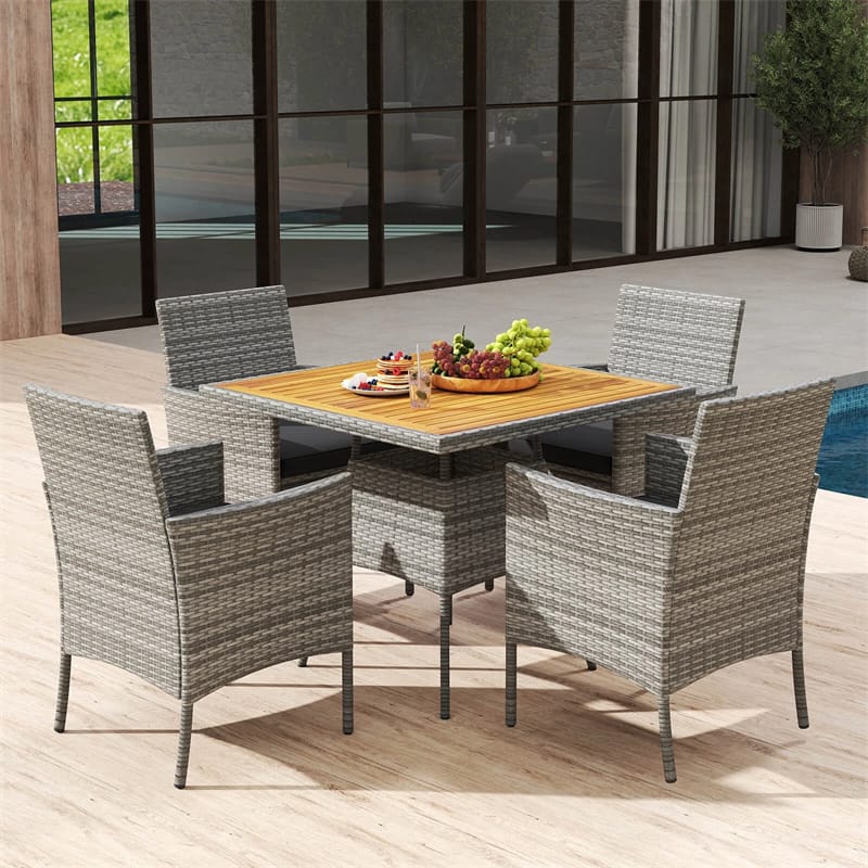 5 Piece PE Wicker Patio Dining Set with Cushions & Umbrella Hole, Outdoor Acacia Wood Dining Table & Armchairs for Backyard Garden Porch