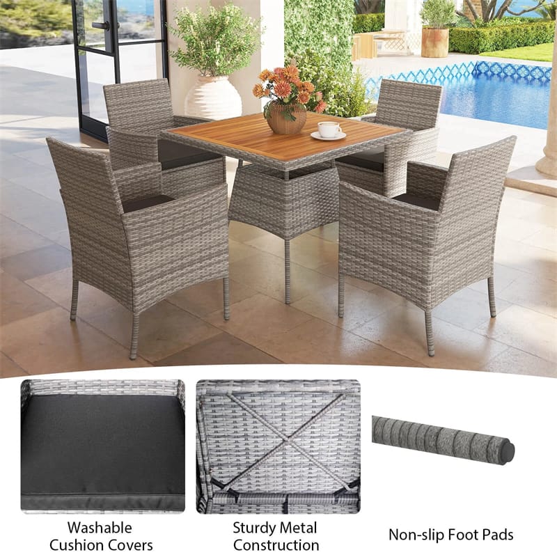 5 Piece PE Wicker Patio Dining Set with Cushions & Umbrella Hole, Outdoor Acacia Wood Dining Table & Armchairs for Backyard Garden Porch